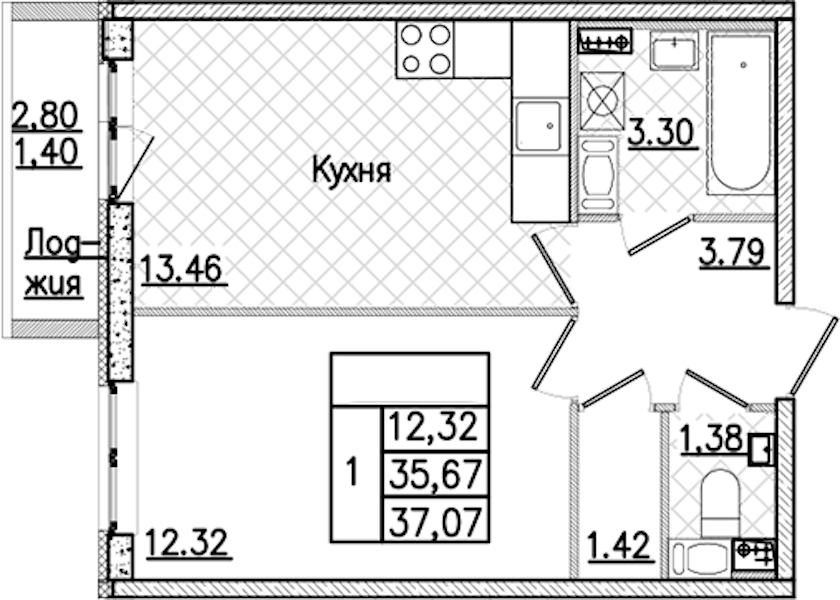 1-комнатная квартира 37.07 м², 9/9 эт., ЖК «Кинопарк»