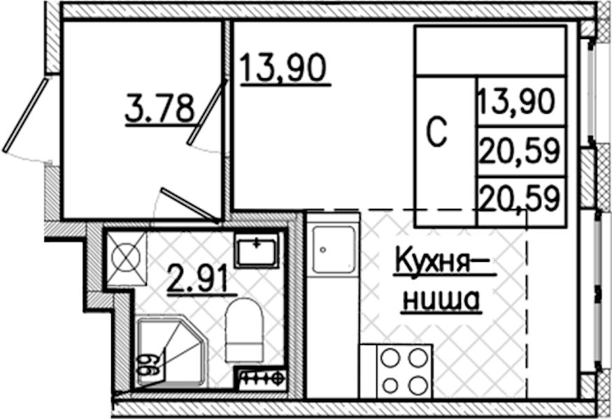 Квартира студия 20.59 м², 2/9 эт., ЖК «Кинопарк»