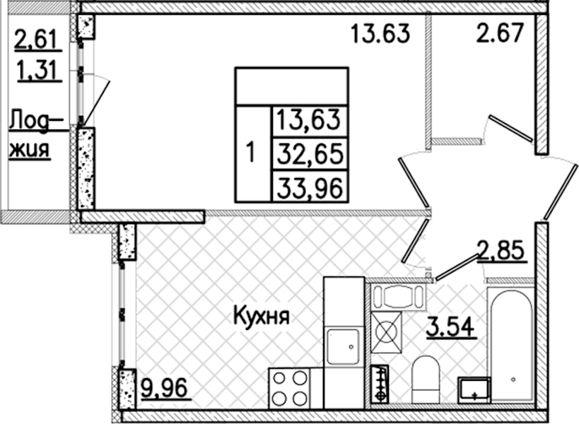 1-комнатная квартира 33.96 м², 3/9 эт., ЖК «Кинопарк»