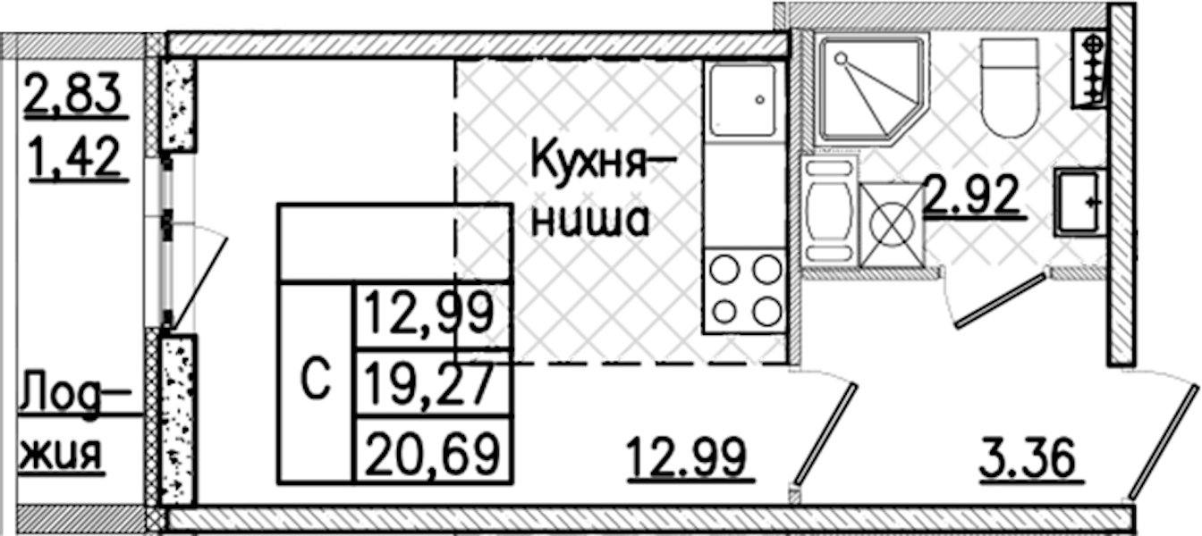 Квартира студия 20.69 м², 3/9 эт., ЖК «Кинопарк»