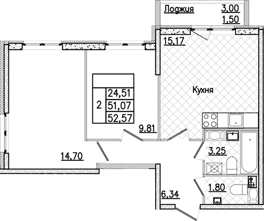 2-комнатная квартира 52.57 м², 3/9 эт., ЖК «Кинопарк»
