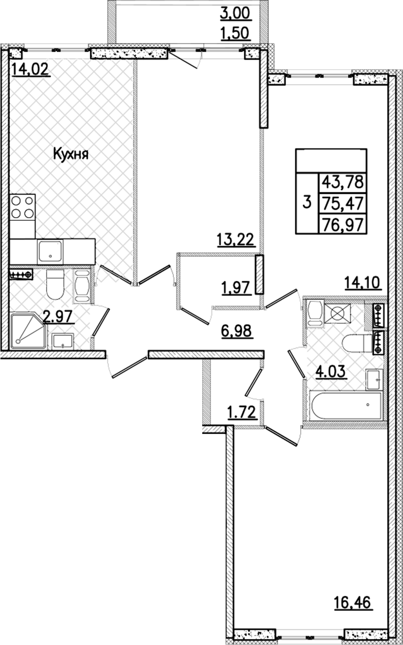 3-комнатная квартира 76.97 м², 3/9 эт., ЖК «Кинопарк»