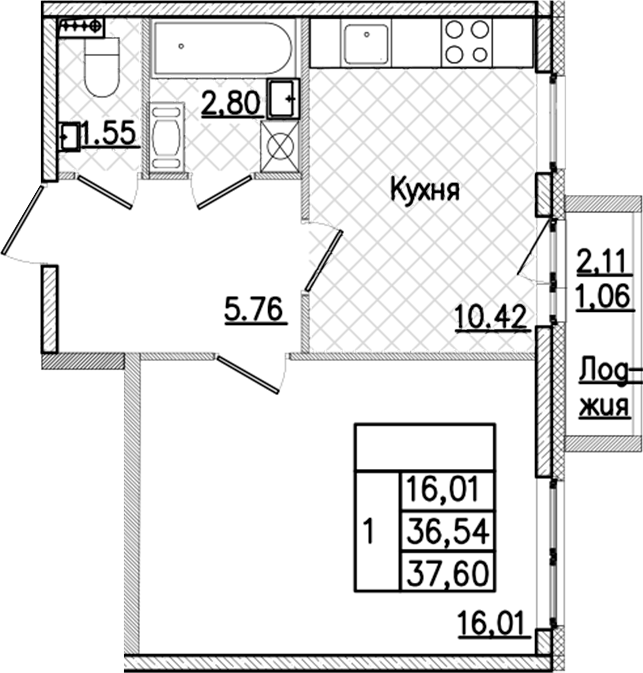 1-комнатная квартира 37.6 м², 4/9 эт., ЖК «Кинопарк»