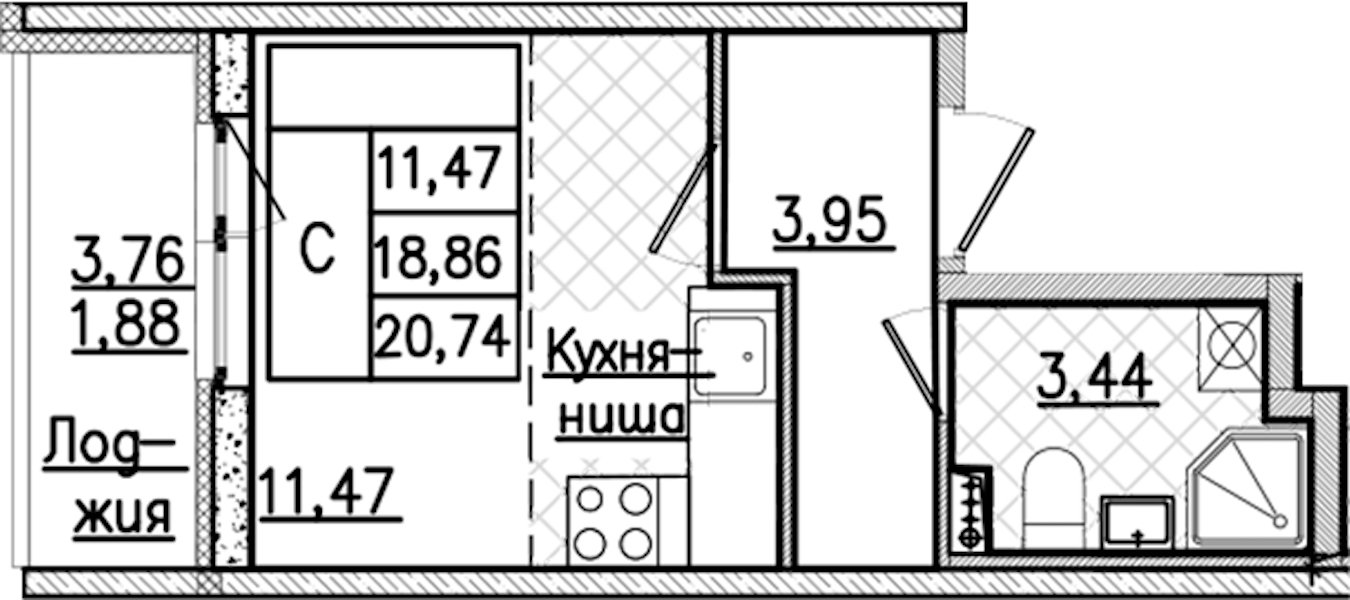 Квартира студия 20.74 м², 2/9 эт., ЖК «Кинопарк»