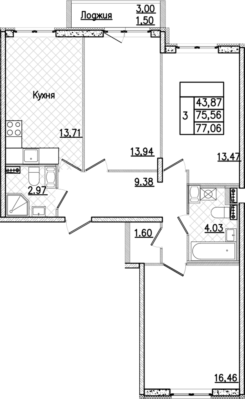 3-комнатная квартира 77.06 м², 5/9 эт., ЖК «Кинопарк»