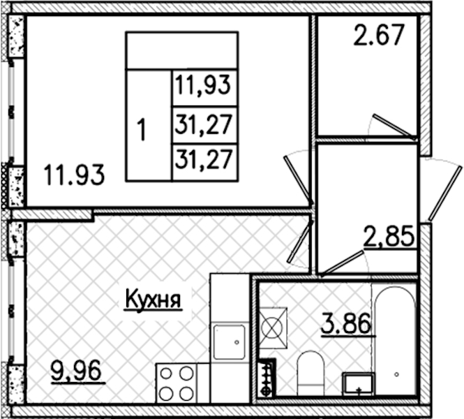 1-комнатная квартира 31.27 м², 2/9 эт., ЖК «Кинопарк»