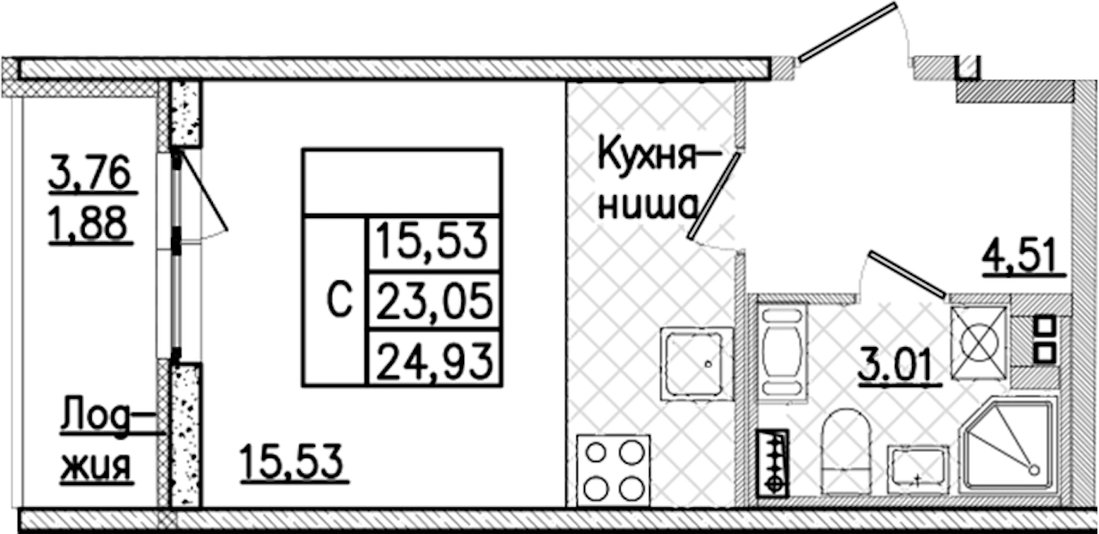 Квартира студия 24.93 м², 8/9 эт., ЖК «Кинопарк»