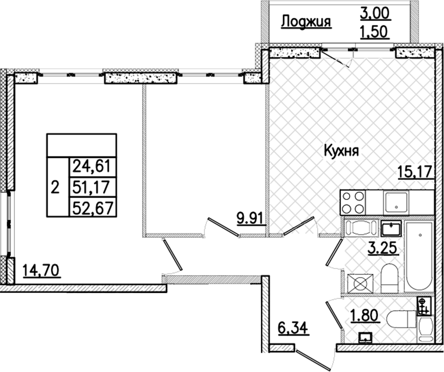 2-комнатная квартира 52.67 м², 8/9 эт., ЖК «Кинопарк»