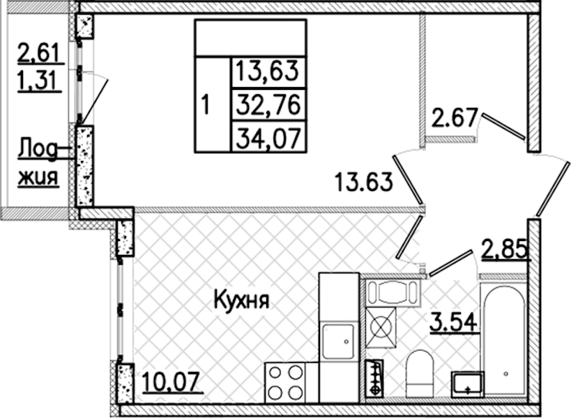 1-комнатная квартира 34.07 м², 9/9 эт., ЖК «Кинопарк»