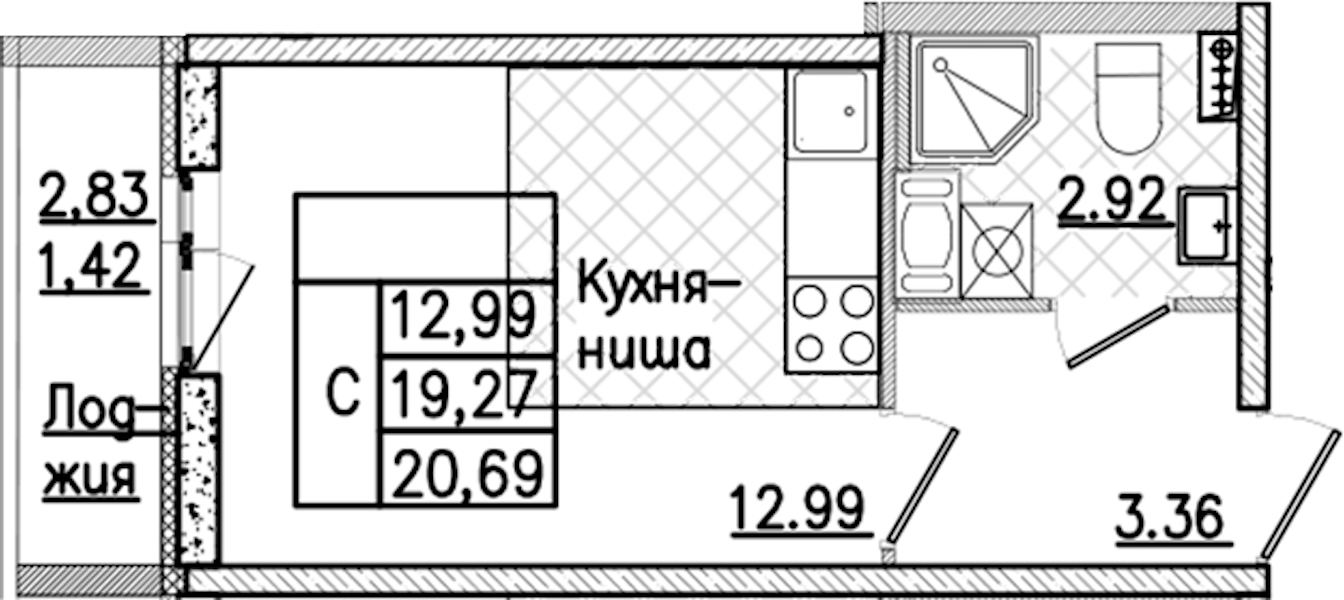 Квартира студия 20.69 м², 9/9 эт., ЖК «Кинопарк»