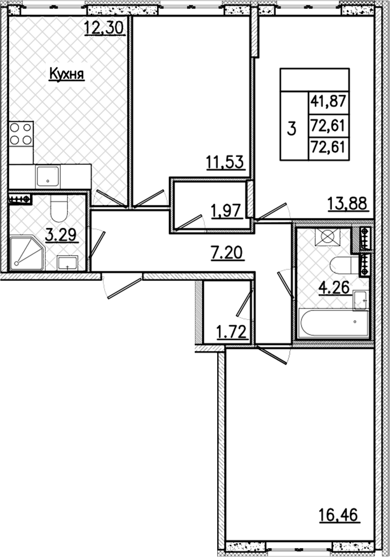 3-комнатная квартира 72.61 м², 2/9 эт., ЖК «Кинопарк»