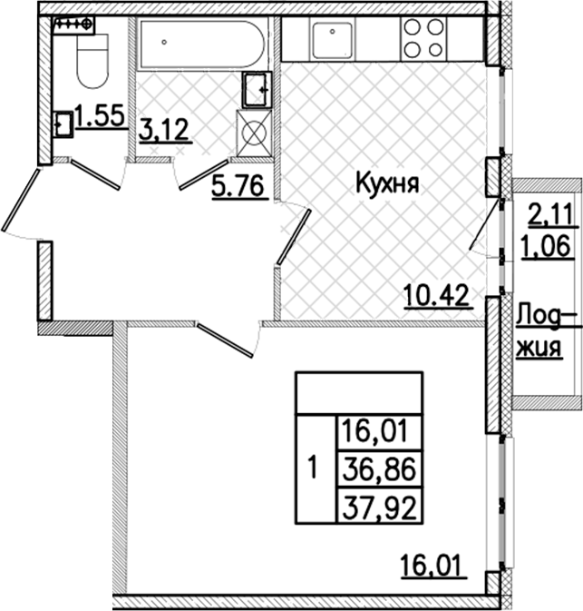1-комнатная квартира 37.92 м², 3/9 эт., ЖК «Кинопарк»