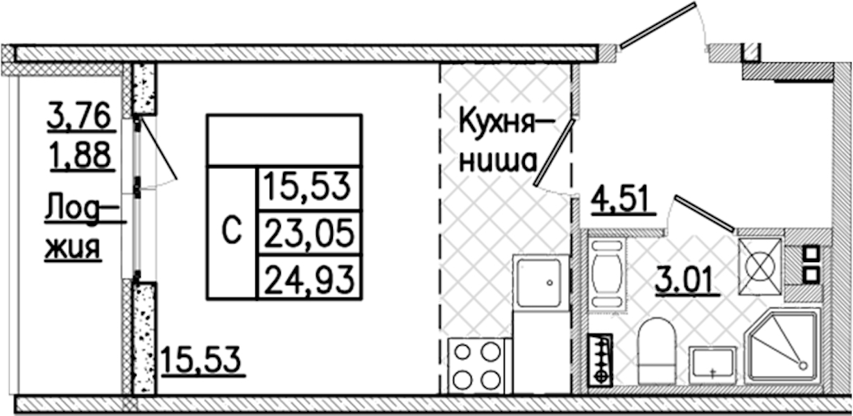Квартира студия 24.93 м², 3/9 эт., ЖК «Кинопарк»