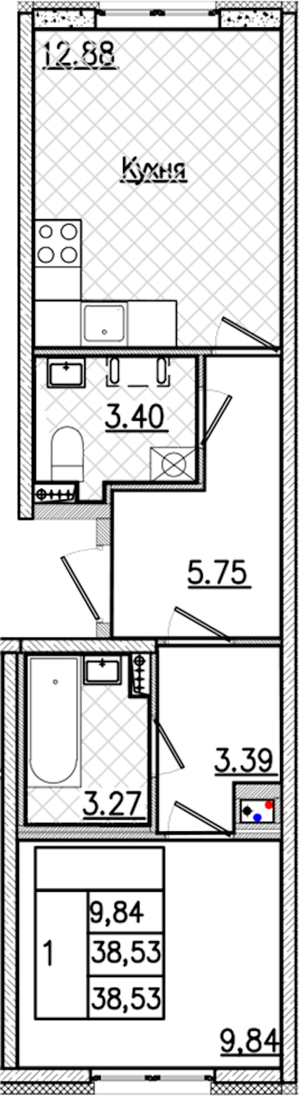 1-комнатная квартира 38.53 м², 2/9 эт., ЖК «Кинопарк»