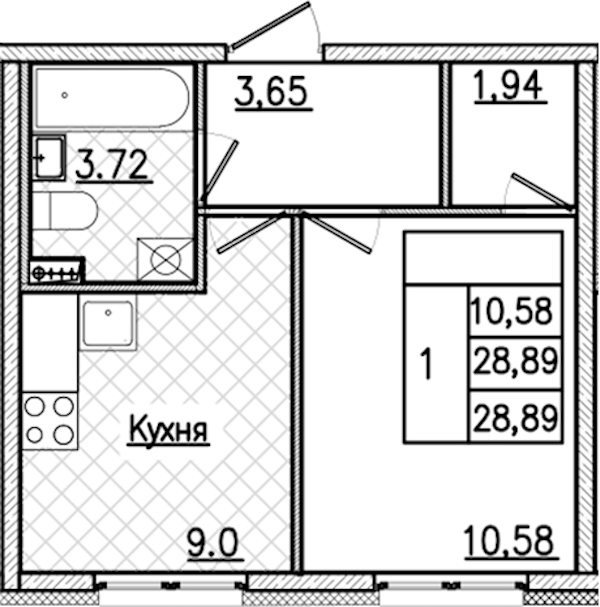 1-комнатная квартира 28.89 м², 2/9 эт., ЖК «Кинопарк»