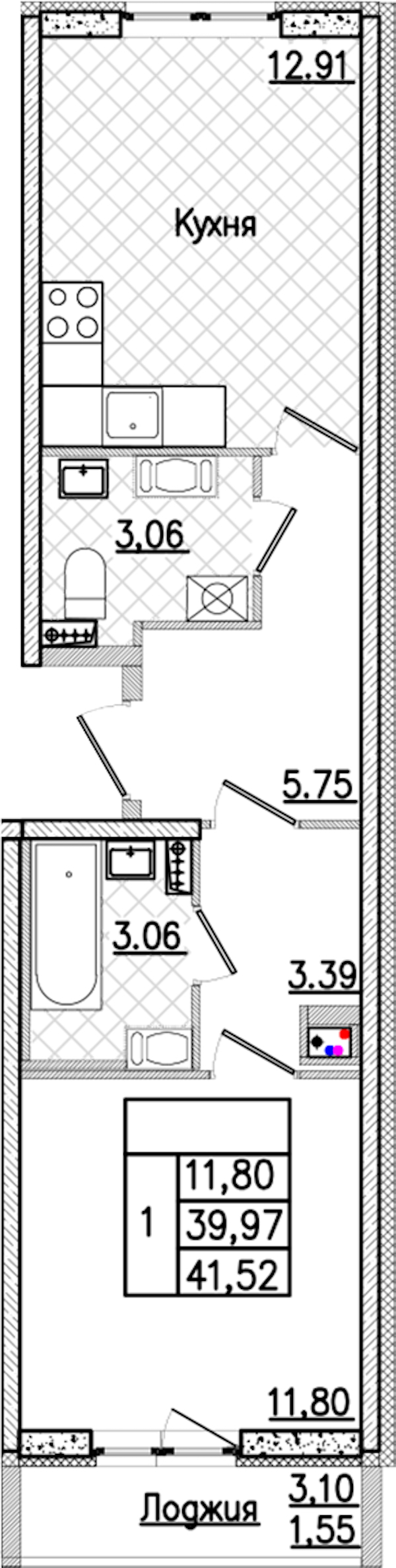 1-комнатная квартира 41.52 м², 3/9 эт., ЖК «Кинопарк»