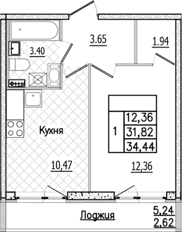 1-комнатная квартира 34.44 м², 3/9 эт., ЖК «Кинопарк»