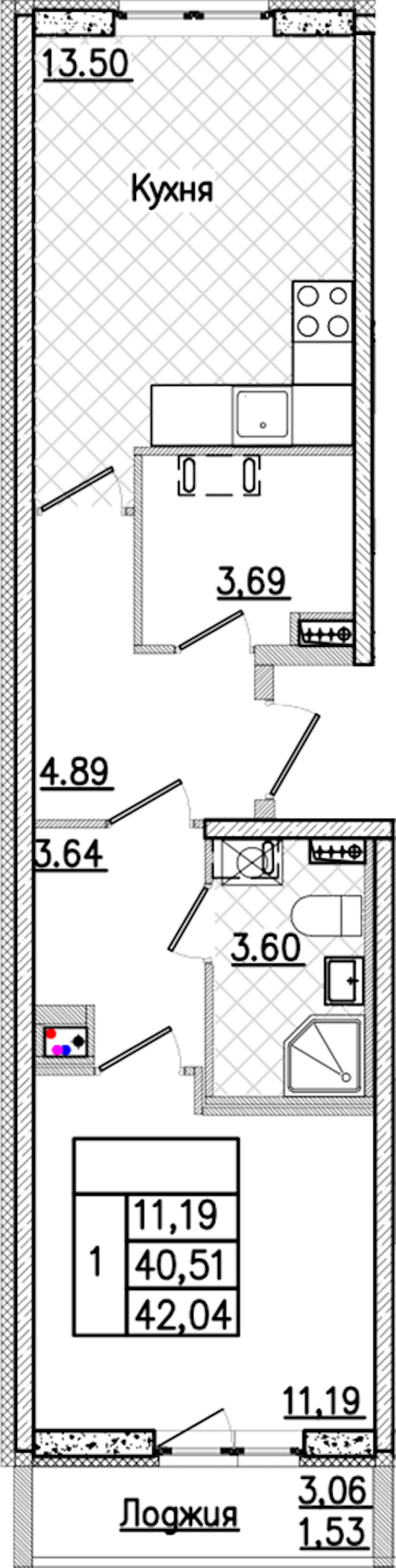 1-комнатная квартира 42.04 м², 3/9 эт., ЖК «Кинопарк»
