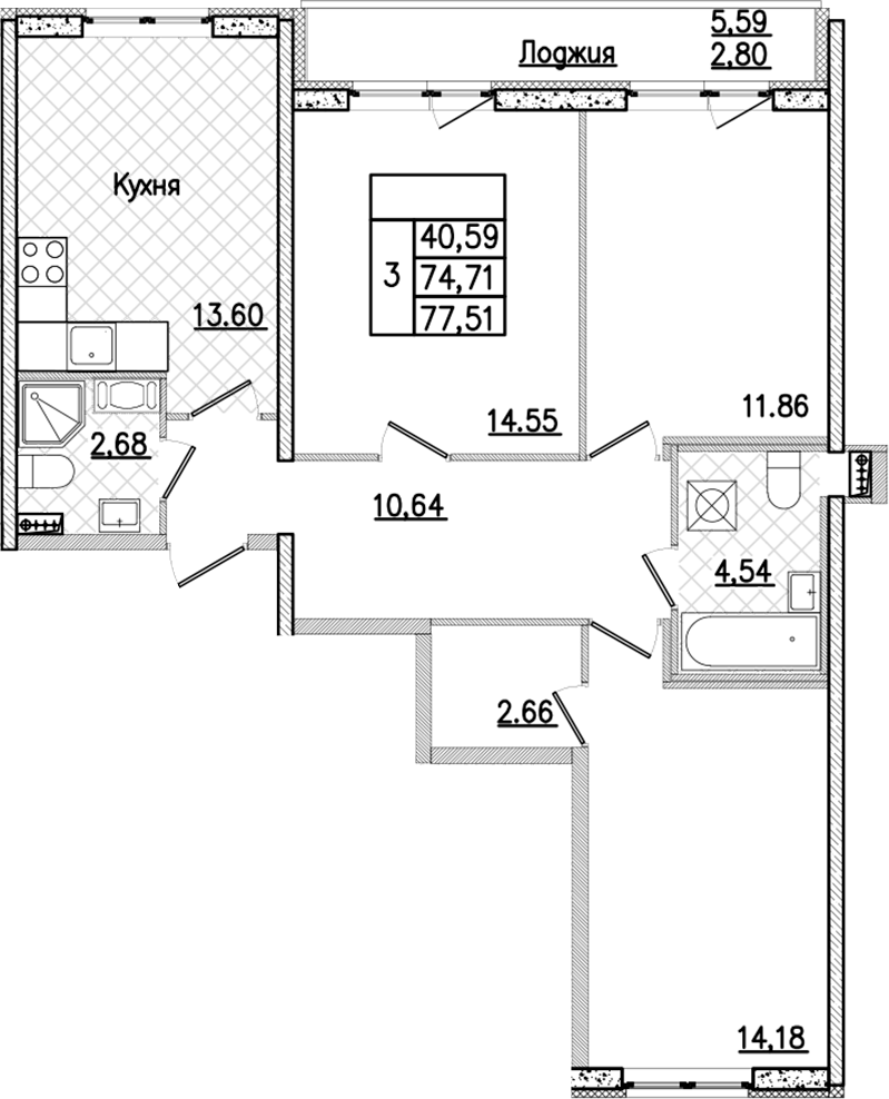 3-комнатная квартира 77.51 м², 4/9 эт., ЖК «Кинопарк»
