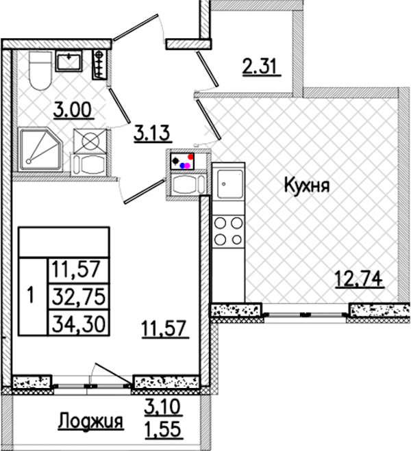 1-комнатная квартира 34.3 м², 4/9 эт., ЖК «Кинопарк»