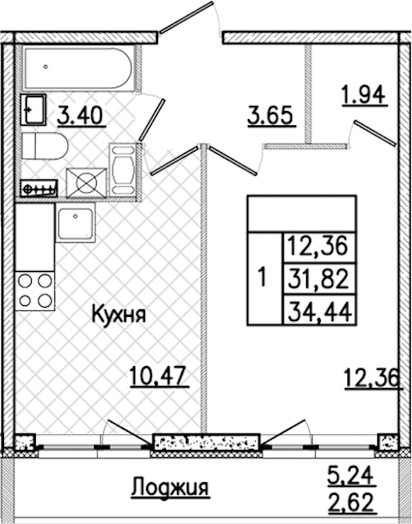 1-комнатная квартира 34.44 м², 4/9 эт., ЖК «Кинопарк»