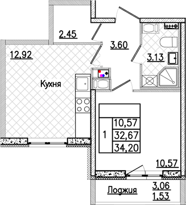 1-комнатная квартира 34.2 м², 4/9 эт., ЖК «Кинопарк»