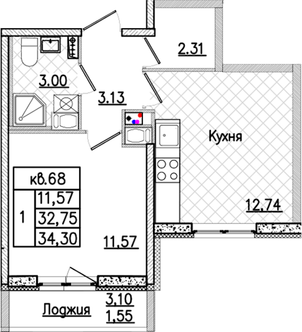 1-комнатная квартира 34.3 м², 5/9 эт., ЖК «Кинопарк»