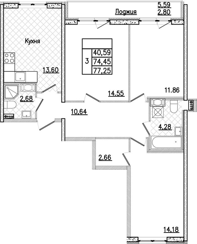 3-комнатная квартира 77.25 м², 6/9 эт., ЖК «Кинопарк»