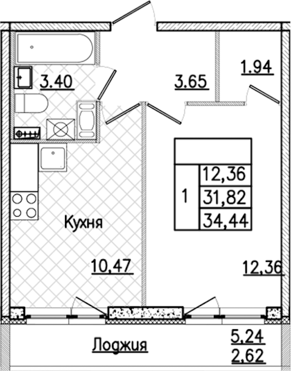 1-комнатная квартира 34.44 м², 7/9 эт., ЖК «Кинопарк»