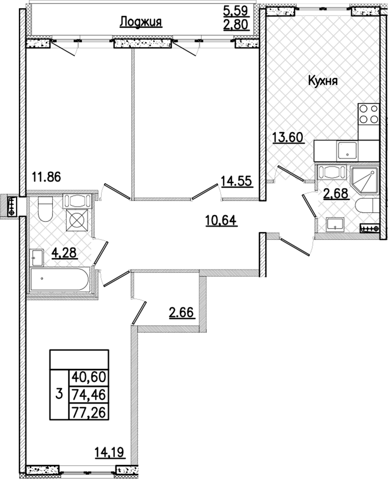 3-комнатная квартира 77.26 м², 8/9 эт., ЖК «Кинопарк»