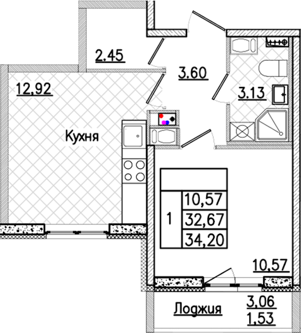 1-комнатная квартира 34.2 м², 9/9 эт., ЖК «Кинопарк»