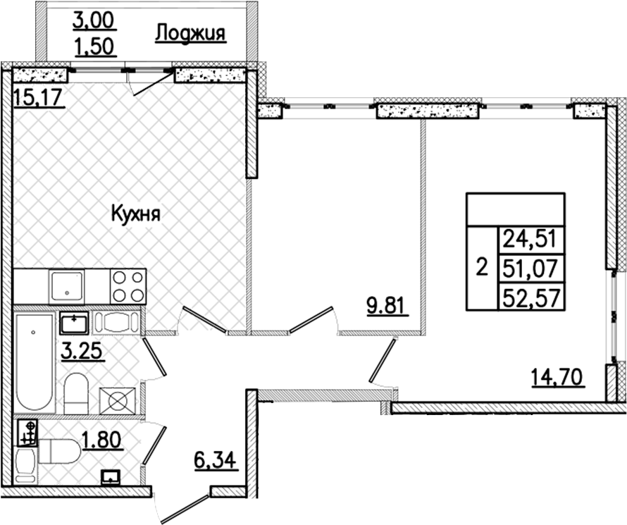 2-комнатная квартира 52.57 м², 3/9 эт., ЖК «Кинопарк»