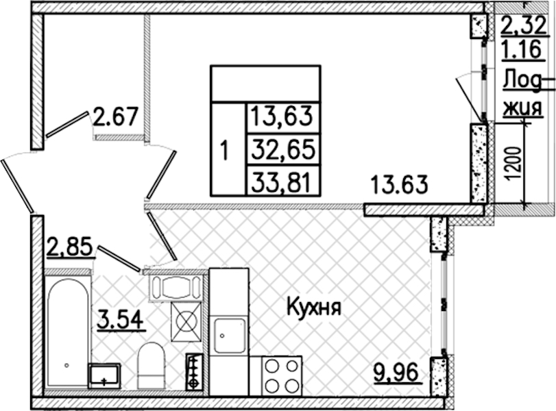 1-комнатная квартира 33.81 м², 3/9 эт., ЖК «Кинопарк»
