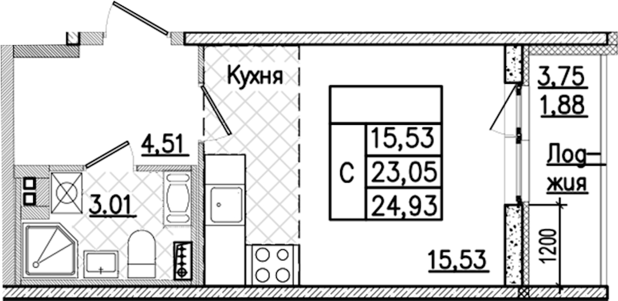 Квартира студия 24.93 м², 3/9 эт., ЖК «Кинопарк»