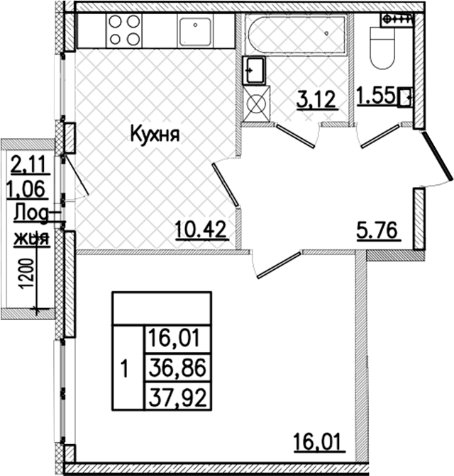 1-комнатная квартира 37.92 м², 3/9 эт., ЖК «Кинопарк»