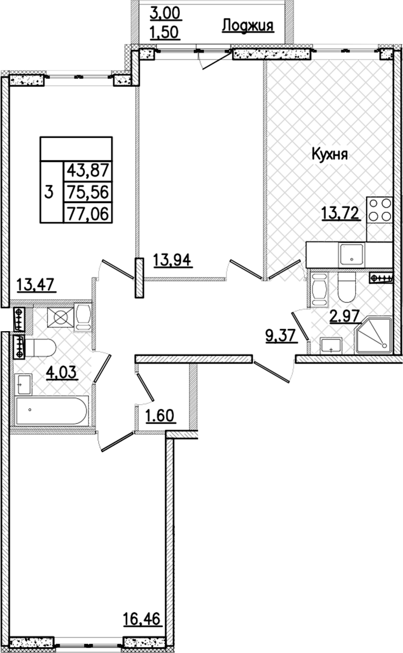 3-комнатная квартира 77.06 м², 5/9 эт., ЖК «Кинопарк»