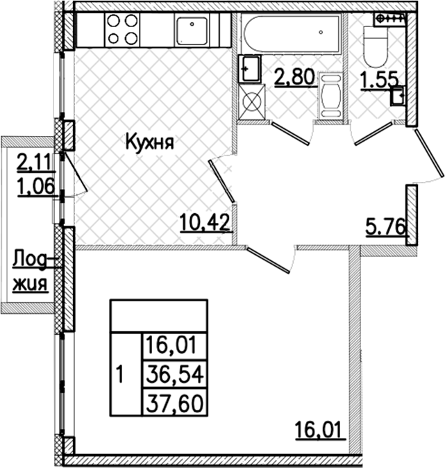 1-комнатная квартира 37.6 м², 7/9 эт., ЖК «Кинопарк»