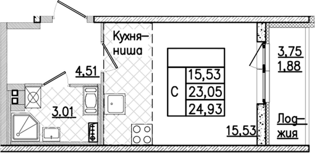 Квартира студия 24.93 м², 8/9 эт., ЖК «Кинопарк»
