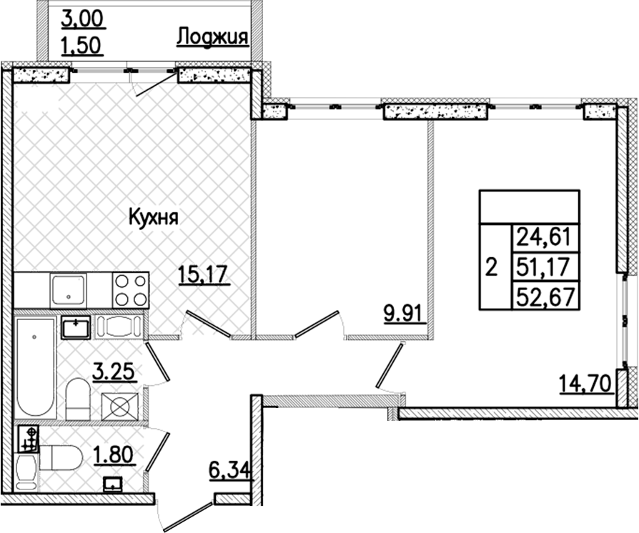 2-комнатная квартира 52.67 м², 9/9 эт., ЖК «Кинопарк»