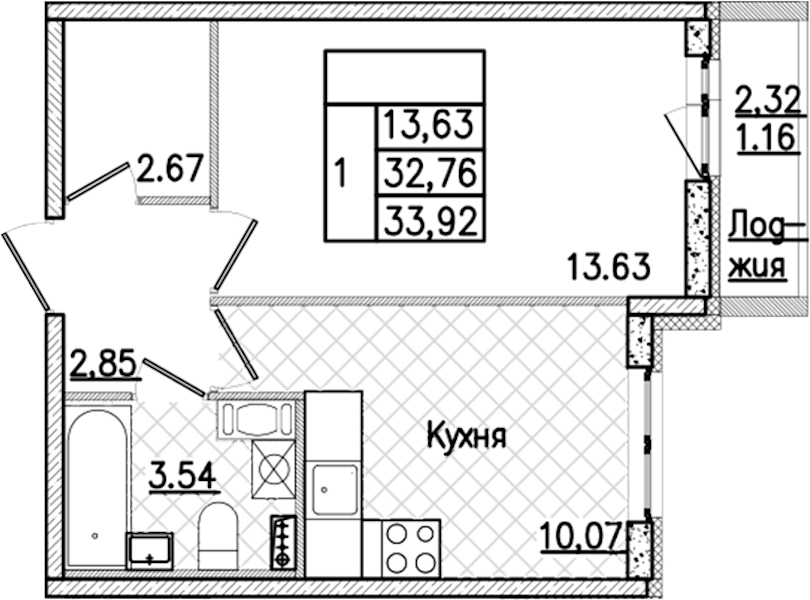 1-комнатная квартира 33.92 м², 9/9 эт., ЖК «Кинопарк»