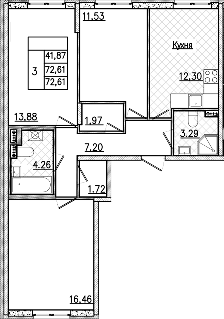 3-комнатная квартира 72.61 м², 2/9 эт., ЖК «Кинопарк»