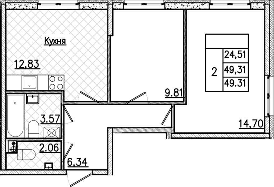 2-комнатная квартира 49.31 м², 2/9 эт., ЖК «Кинопарк»