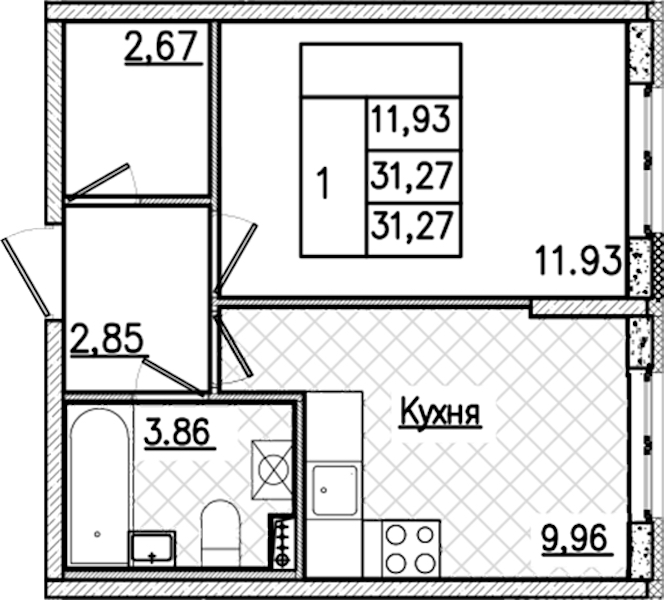 1-комнатная квартира 31.27 м², 2/9 эт., ЖК «Кинопарк»