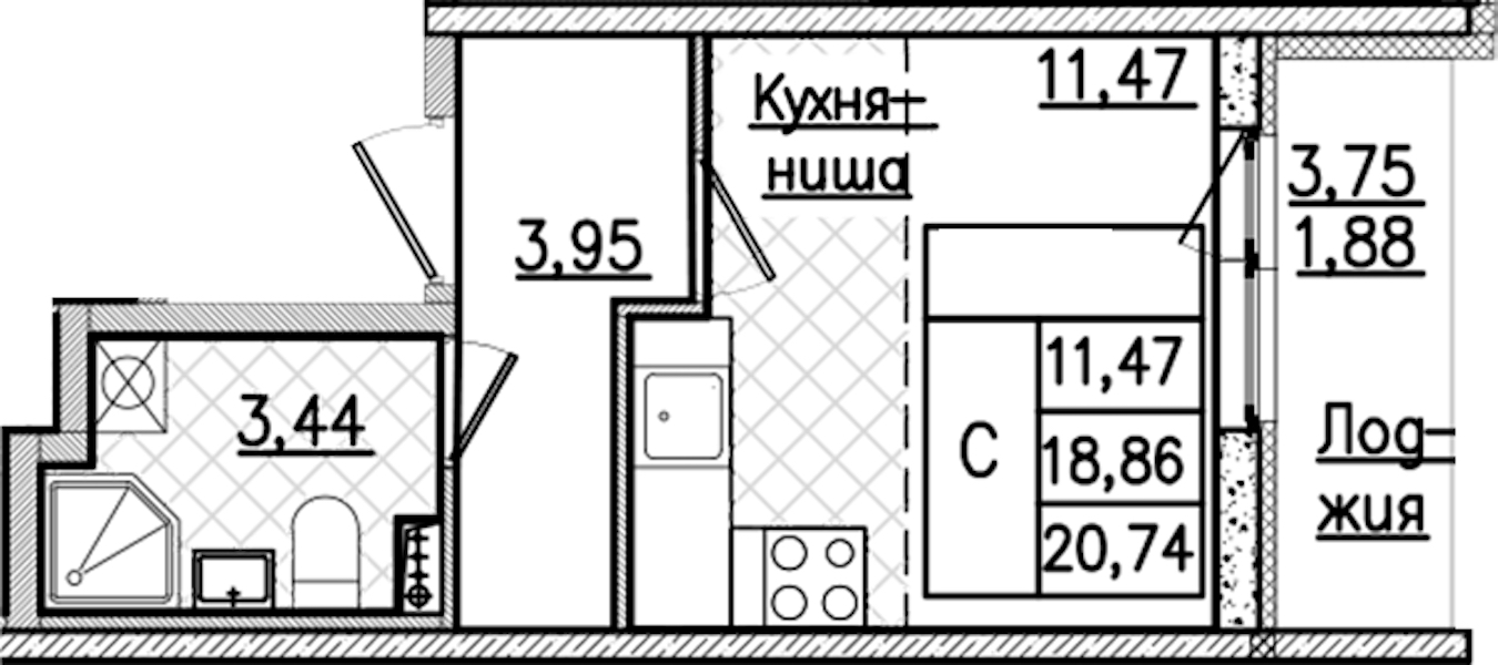 Квартира студия 20.74 м², 2/9 эт., ЖК «Кинопарк»