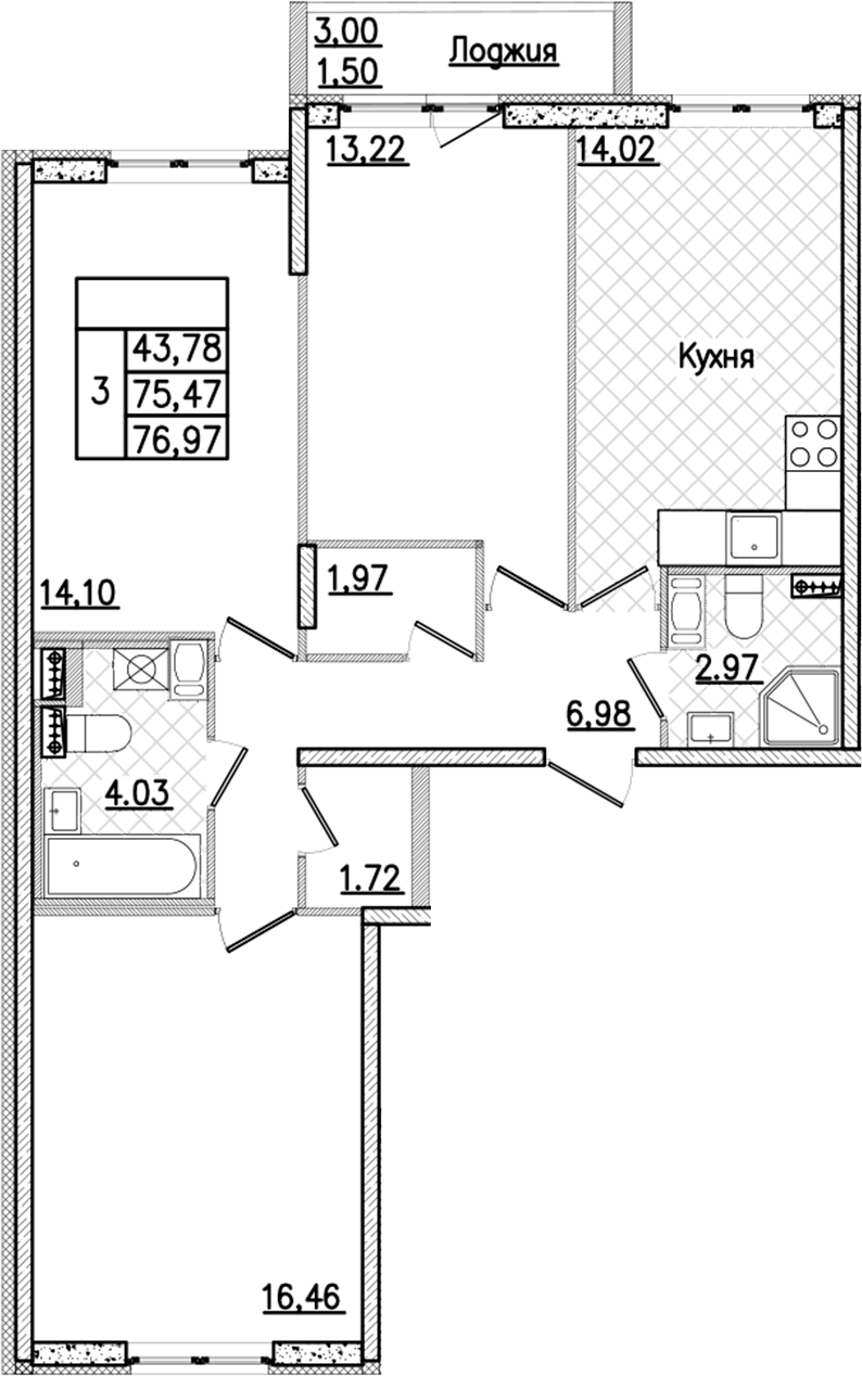 3-комнатная квартира 76.97 м², 3/9 эт., ЖК «Кинопарк»
