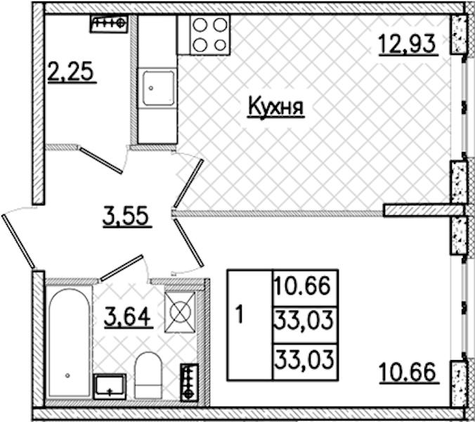 1-комнатная квартира 33.03 м², 1/9 эт., ЖК «Кинопарк»