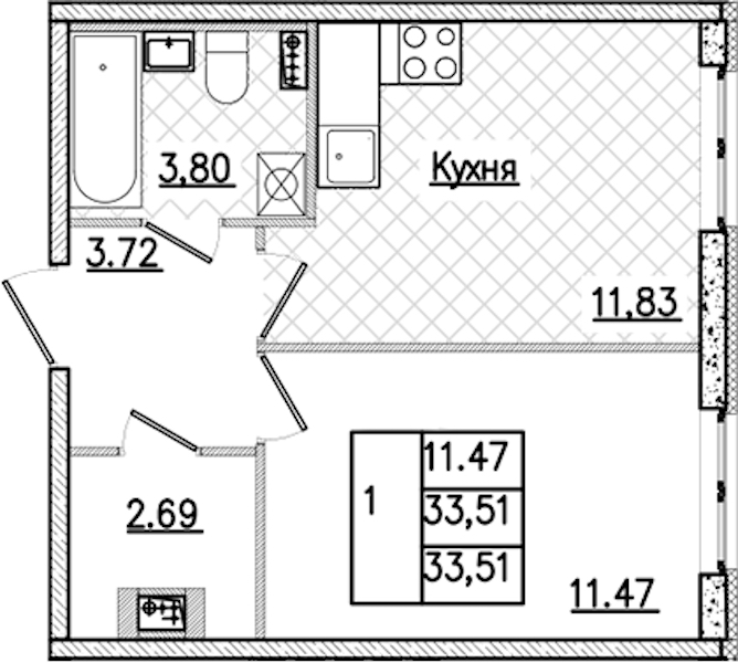 1-комнатная квартира 33.51 м², 1/9 эт., ЖК «Кинопарк»