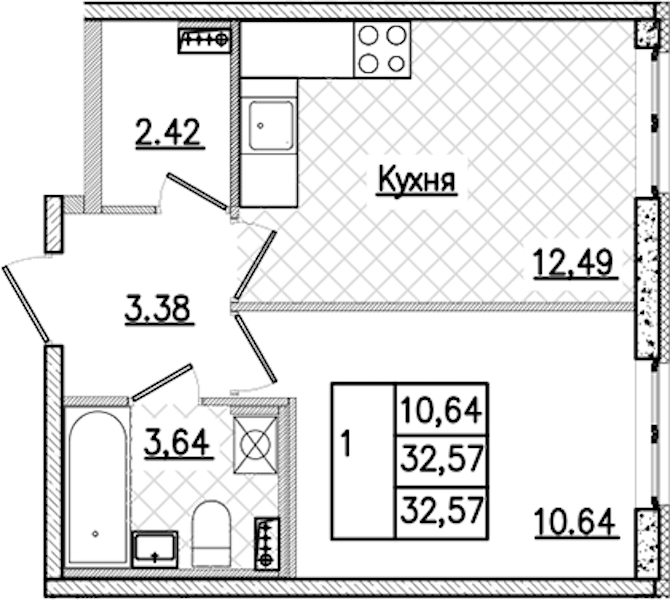 1-комнатная квартира 32.57 м², 1/9 эт., ЖК «Кинопарк»