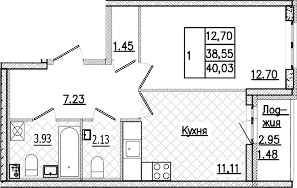 1-комнатная квартира 40.03 м², 1/9 эт., ЖК «Кинопарк»