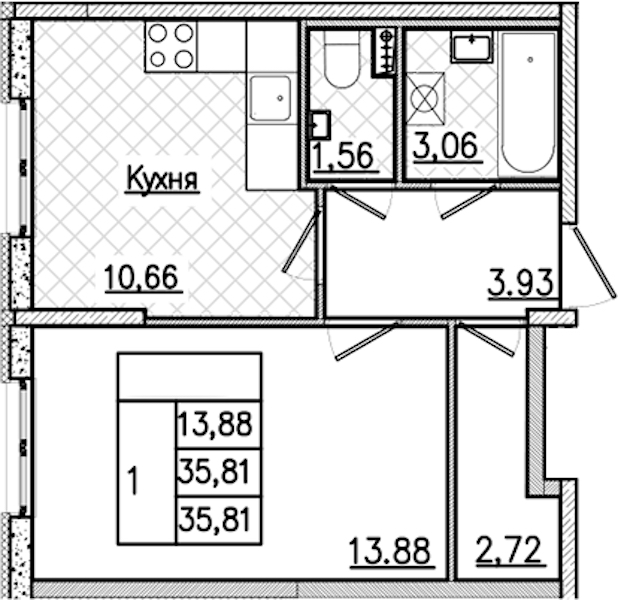 1-комнатная квартира 35.81 м², 2/9 эт., ЖК «Кинопарк»